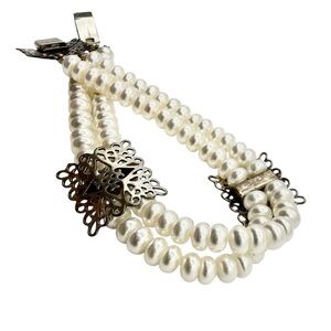 Vintage 1990s Sterling Double Strand Freshwater Pearl Bracelet – Gothic Filigree
